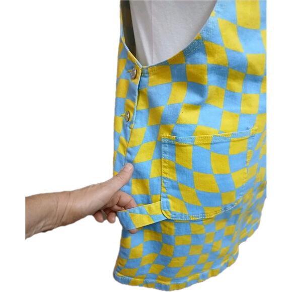 Forever 21 Denim Overall Dress Women Sz L Blue Yellow Check Stretch Mini Skirt - Picture 8 of 16